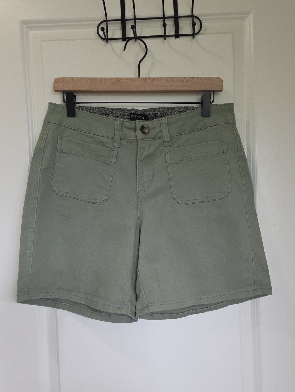 High-Rise Sage Green Shorts with Front Patch Pockets